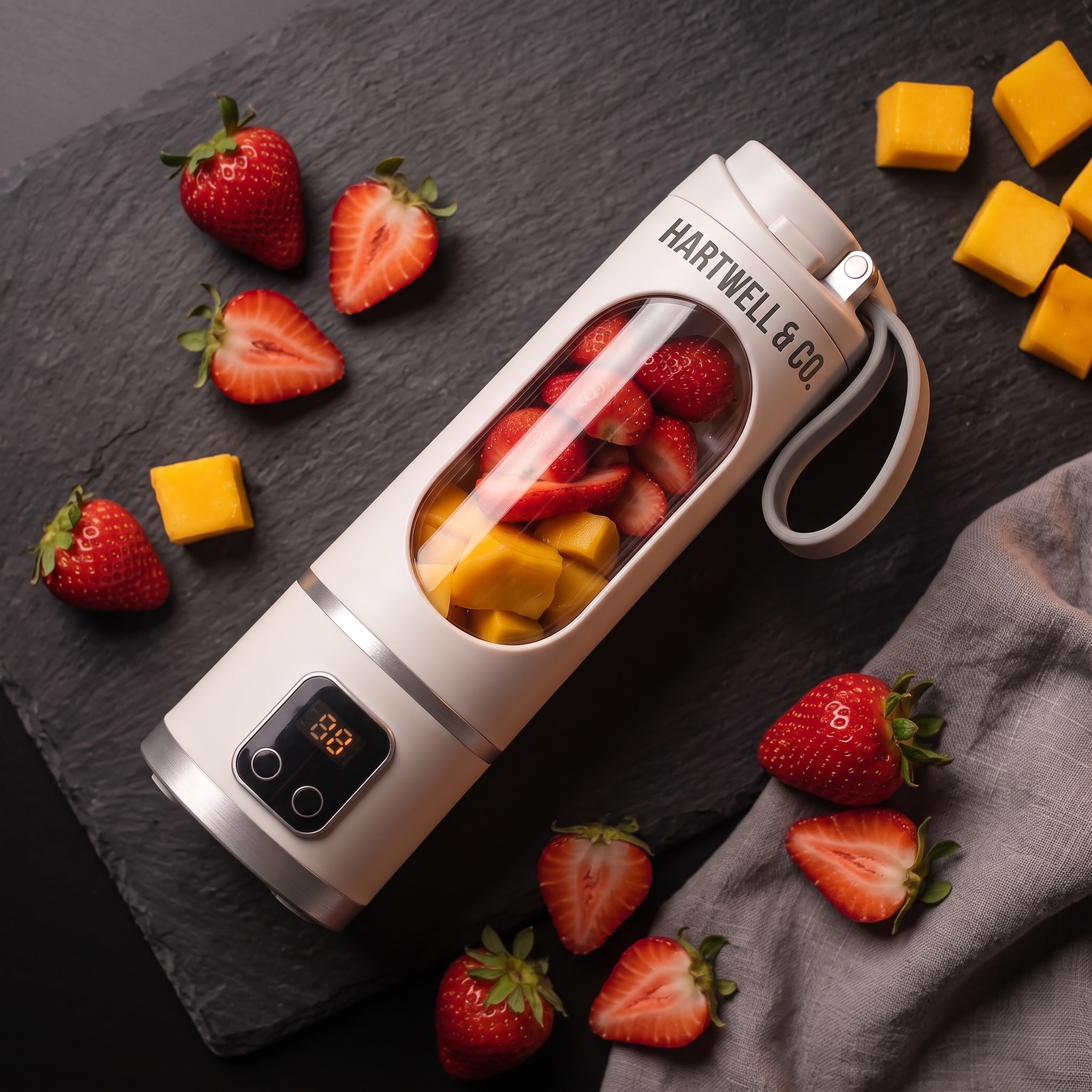 Fresh strawberries and mango loaded into the blender