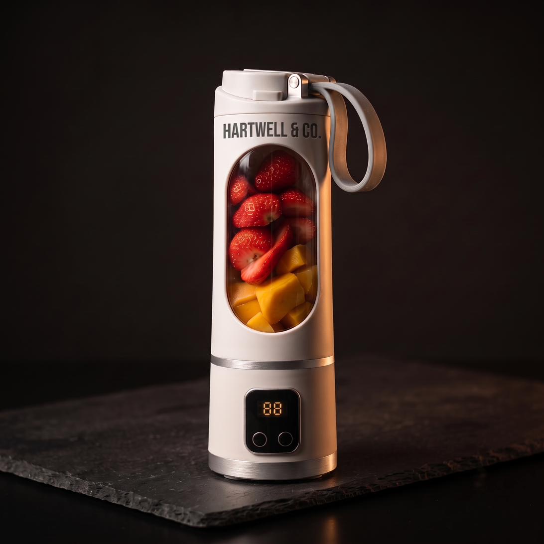 Hartwell & Co. portable blender filled with strawberries and mango